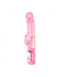 Розовый вибромассажёр с пупырышками, вращением и клиторальной стимуляцией - 22,3 см.