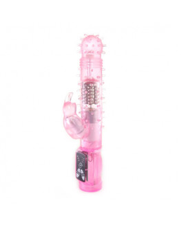 Розовый вибратор с ротацией и шипиками - 22,5 см.