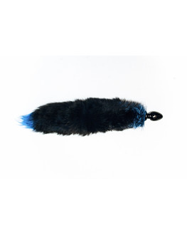 Анальная пробка черного цвета с голубым лисьим хвостом, 6 см.