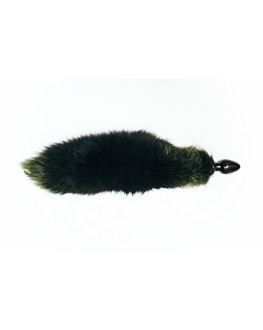 Анальная пробка чёрного цвета с зеленым лисьим хвостом, 6 см.